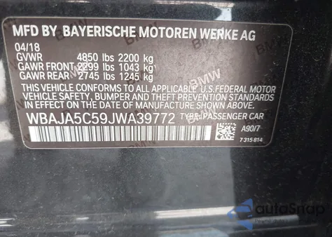 2018 BMW 530I из США, поврежденный, VIN WBAJA5C59JWA39772